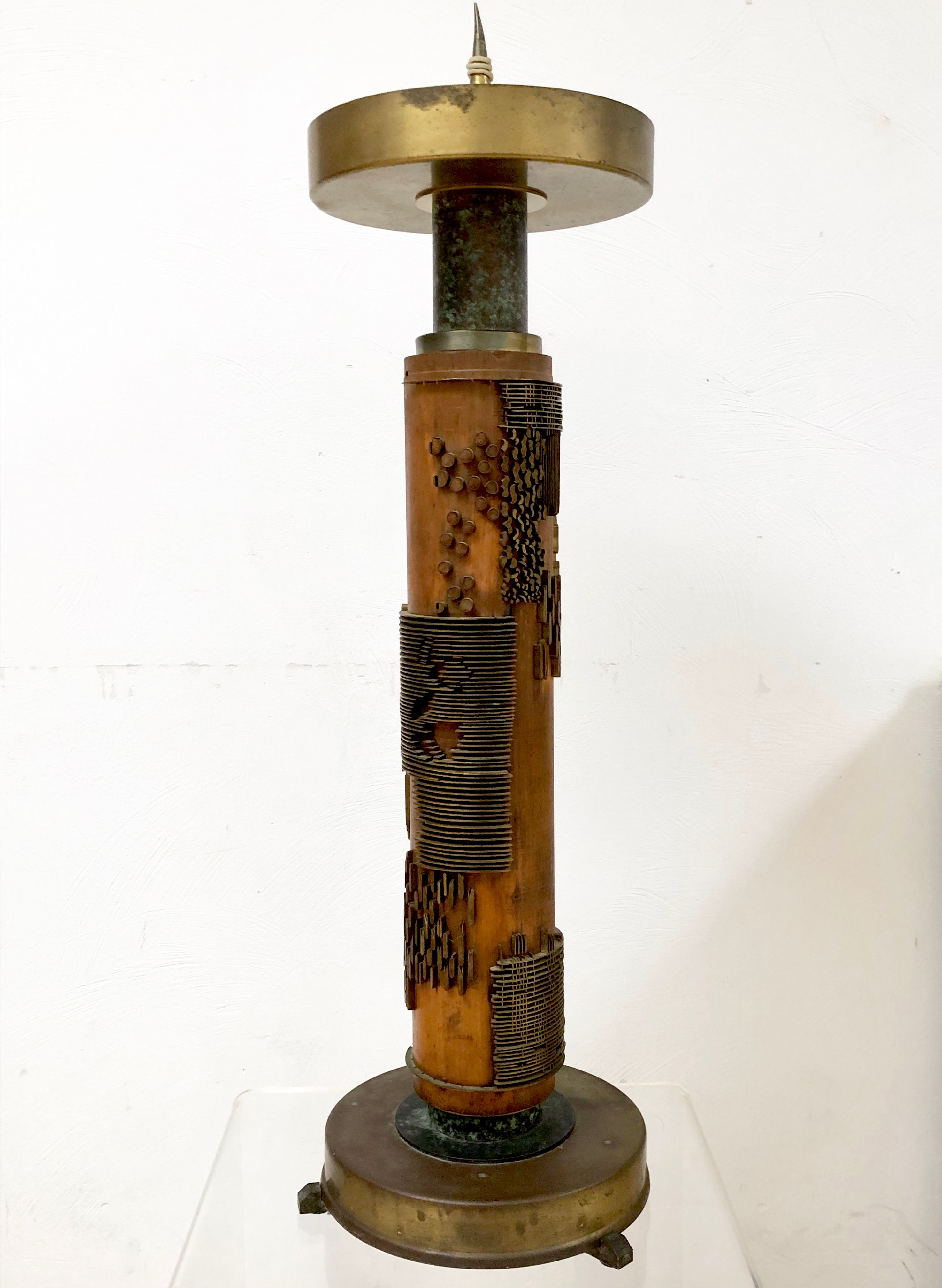 Unique handmade candlestick, brass detailing, ca. 1930's