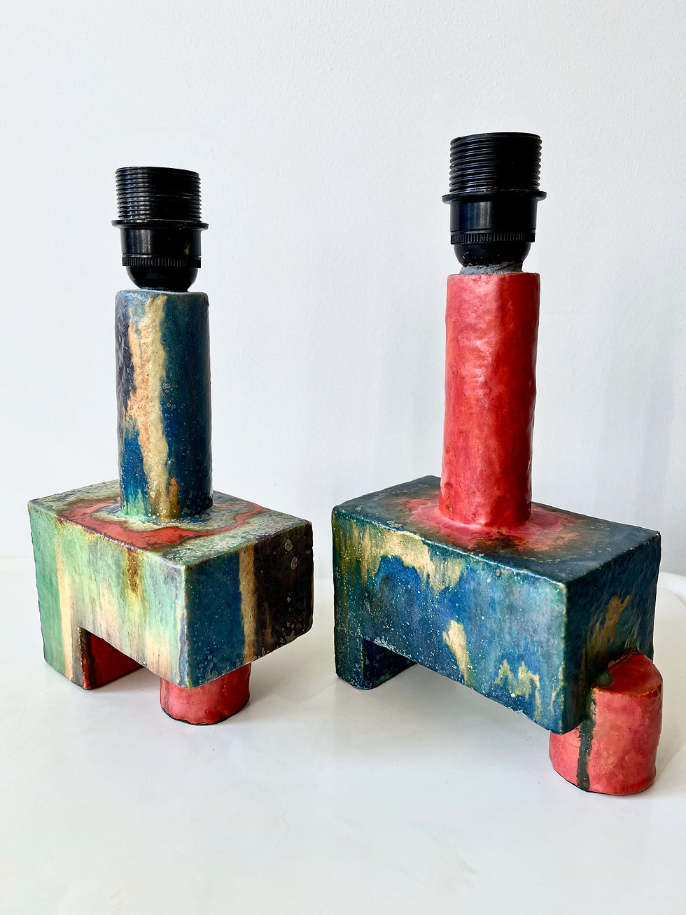 Thumbnail: Pair of cubist ceramic table lamps, 1960's