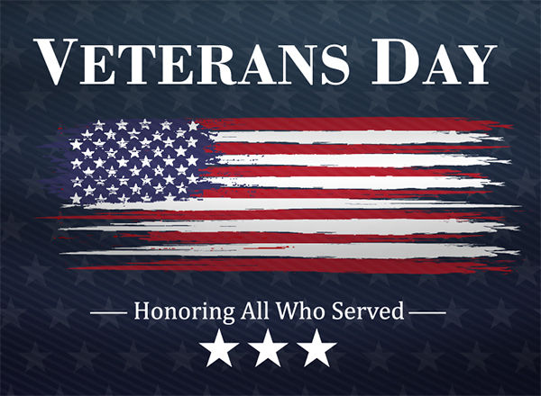 a stretched american flag with the words veterans day above it and below it words saying honoring all who served