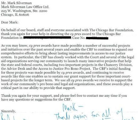 thank you letter from the Chicago Bar Foundation for a cy pres award from a class action settlement.