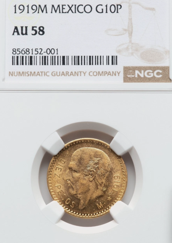 Thumbnail: 1919 M Mexico GOLD 10 Peso NGC AU-58 only 18 in all grades @ NGC