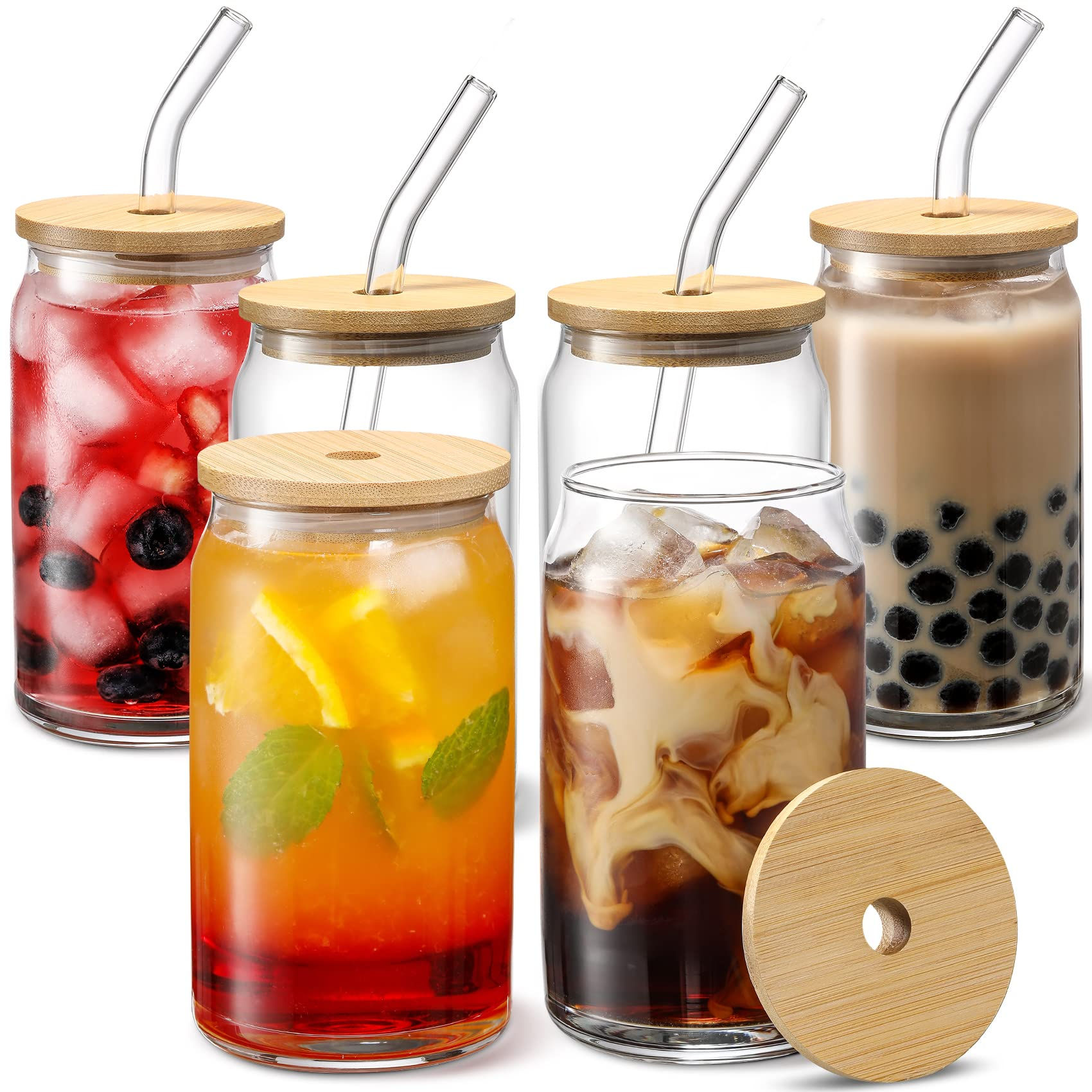 Premium Can-Shaped Glass Cups with Bamboo Lids and Glass Straws