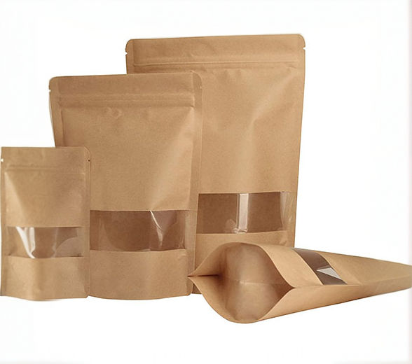 Natural Kraft Paper Stand-Up Ziplock Pouches with Window