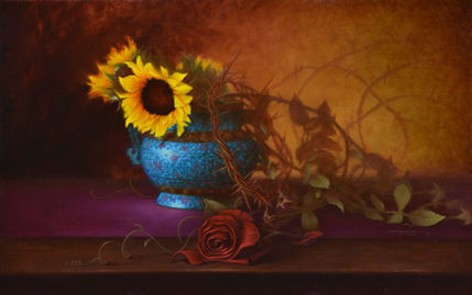 oil painting of sunflowers and rose Fleur de Triomphe flower still life crown of thorns