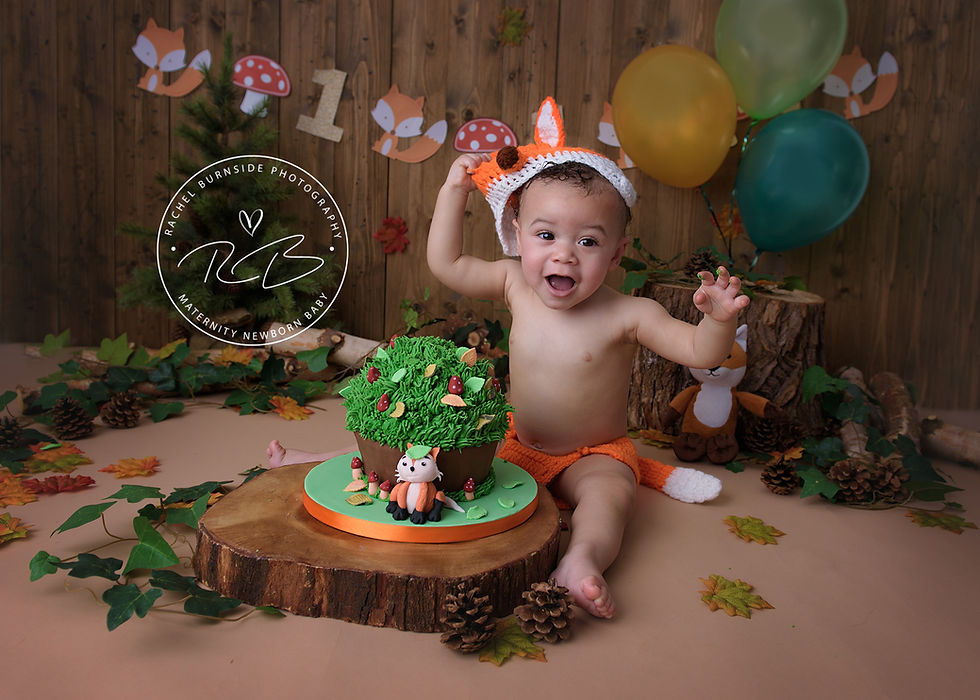 Baby boy in fox costume for cake smash photo shoot