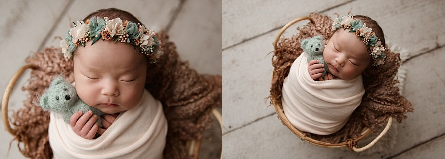 Andover newborn photographer, baby girl in a basket holding a teddy