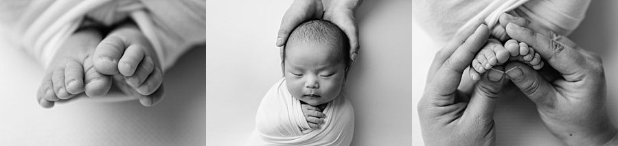 Andover newborn photography, baby with parents hands in black and white