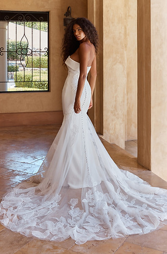 Madi Lane Oxley Fit and flare wedding dress with strapless bodice and folded neckline and long lace train
