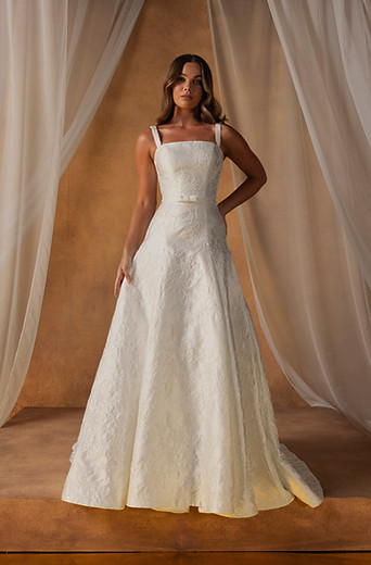 Madi Lane Normandy Brocade wedding dress drop waist and bow belt