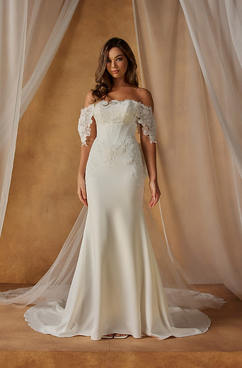 Madi Lane Natine Crepe Bardot dress with unique vintage lace and detachable bow