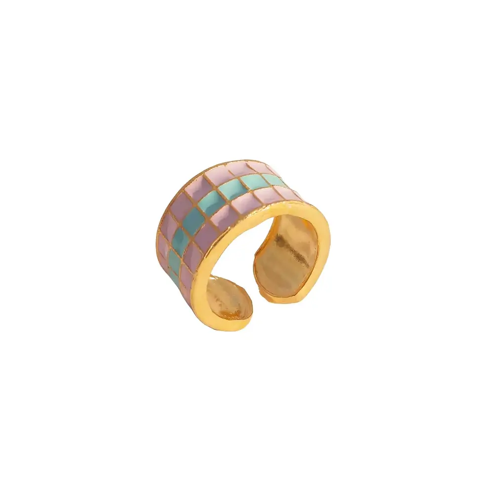 Thumbnail: Gingham Enamel Checkered Ring - Blue Yellow