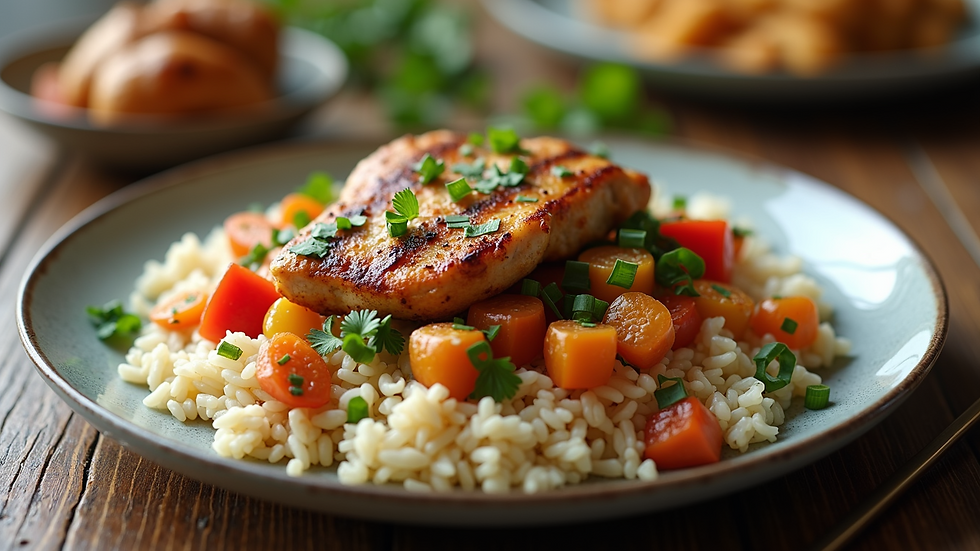 High angle view of a plate with rice, vegetables, and grilled chicken