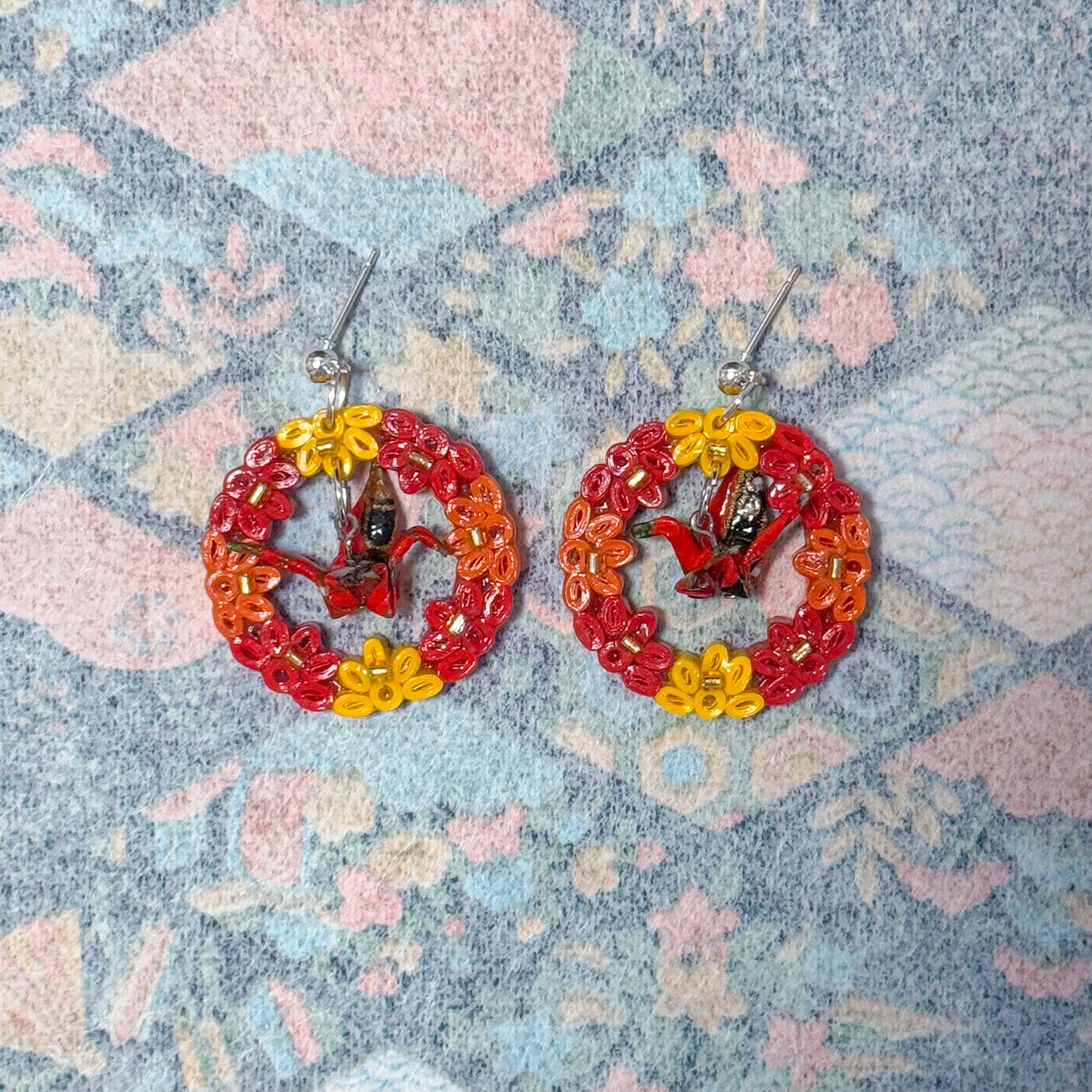 Mixed Flower Wreath with Japanese Origami Crane Earrings