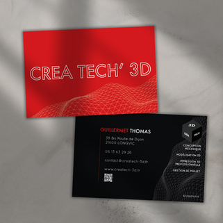 Cartes de visite modernes pour un imprimeur 3D, design géométrique, jeu de matières et références visuelles à l’impression additive.