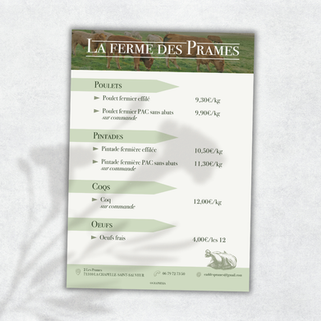 Fiche tarifaire claire et lisible pour une ferme de producteurs de volailles présents sur les marchés, design champêtre et pictogrammes animaux.