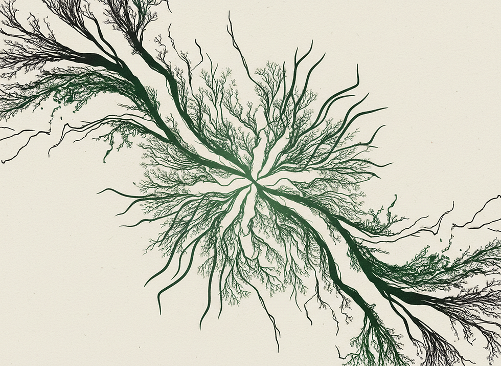 Abstract dark green branching tree or river pattern spreading across a beige background, with no text and a calm, organic feel