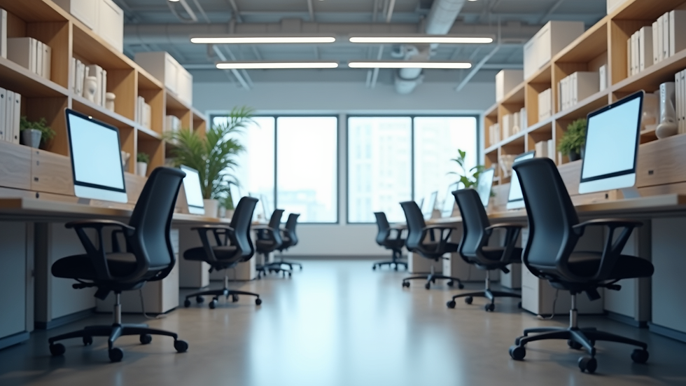 Eye-level view of a modern office space with clean desks and organized shelves