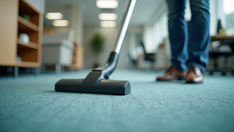 Close-up view of a professional cleaner vacuuming an office carpet