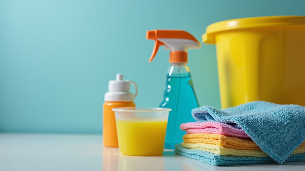 Close-up view of cleaning equipment and supplies ready for office cleaning