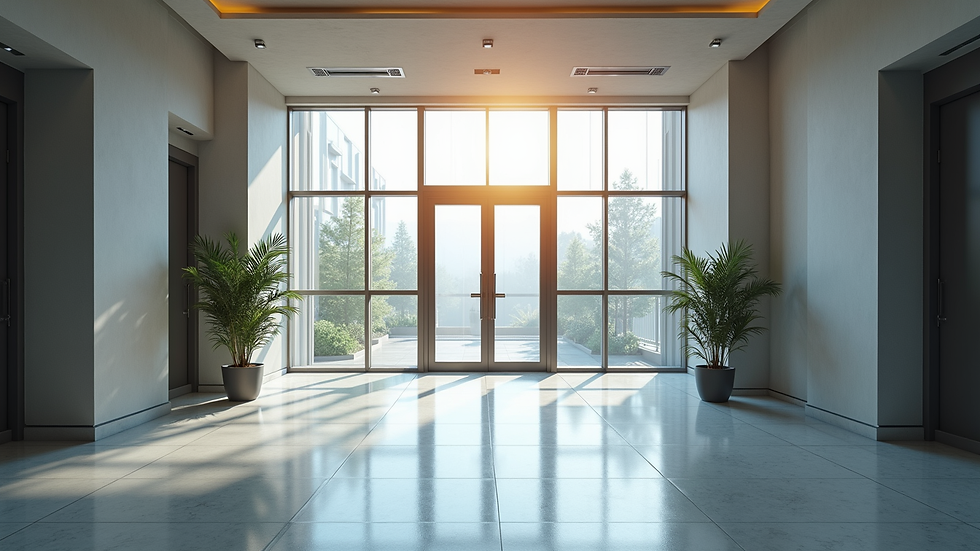 High angle view of a clean and modern office building entrance after construction
