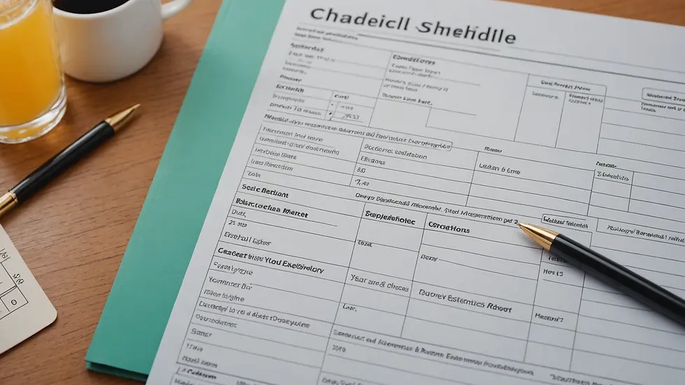 High angle view of a well-organized care schedule and medical documents