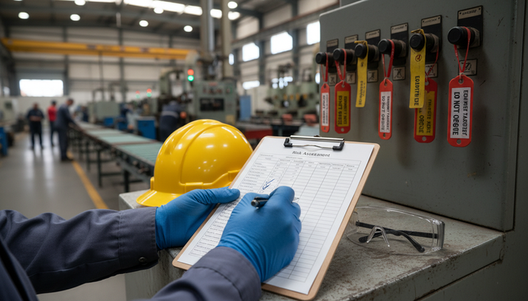 Close-up of gloved hands completing a risk assessment checklist beside equipment tags