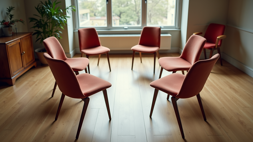 High angle view of a circle of chairs set up for a support group meeting