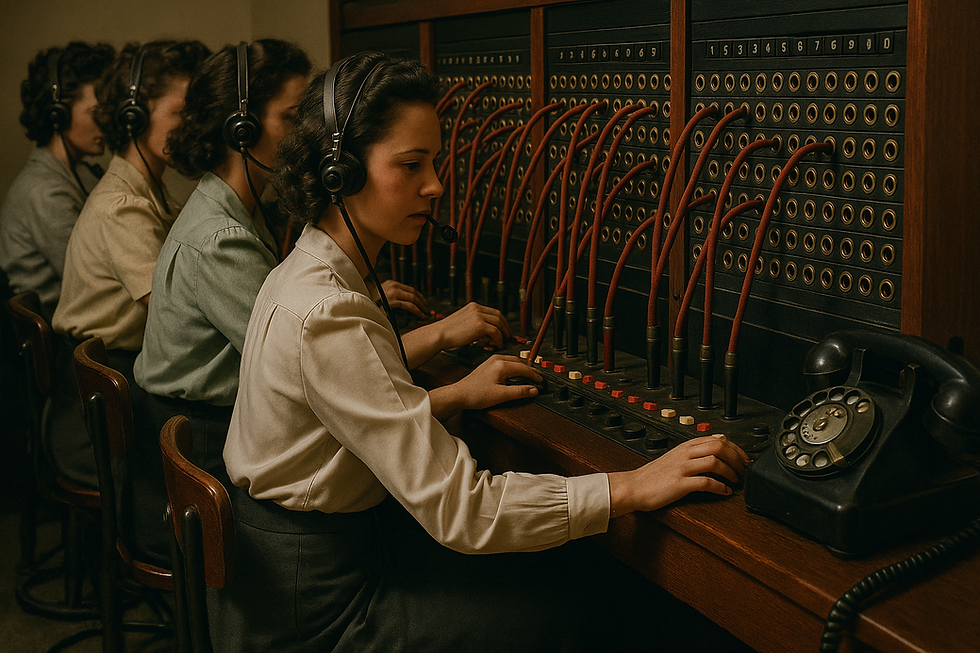 Women in vintage uniforms operate a manual telephone switchboard, connecting calls. Dimly lit room, cables and rotary phone visible.