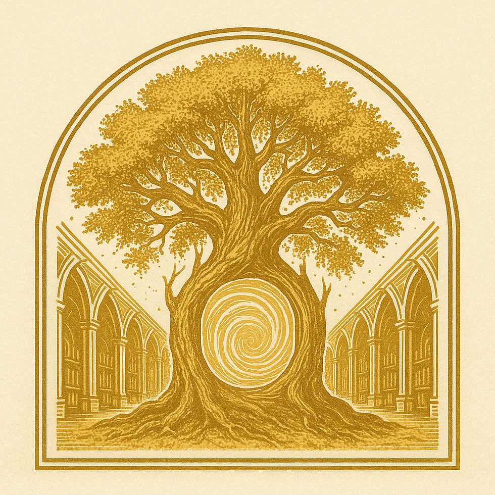 Artistic depiction of a large tree with a swirling vortex in its trunk, surrounded by arched hallways. The image is in a golden hue.