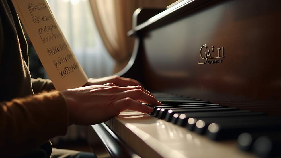 Close-up view of a grand piano with sheet music