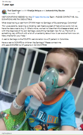 CF Vests Worldwide Facebook Memory – May 9, 2023 - What does having a RespirTech or Hill Rom Cystic Fibrosis vest mean to Santiago of Bucaramanga, Colombia?