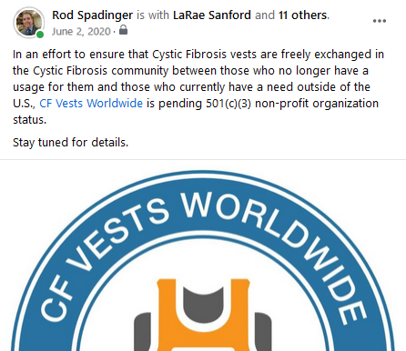 Cystic Fibrosis Vests Worldwide Facebook Memory – June 2, 2020 - Pending 501(c)(3) non-profit organization status