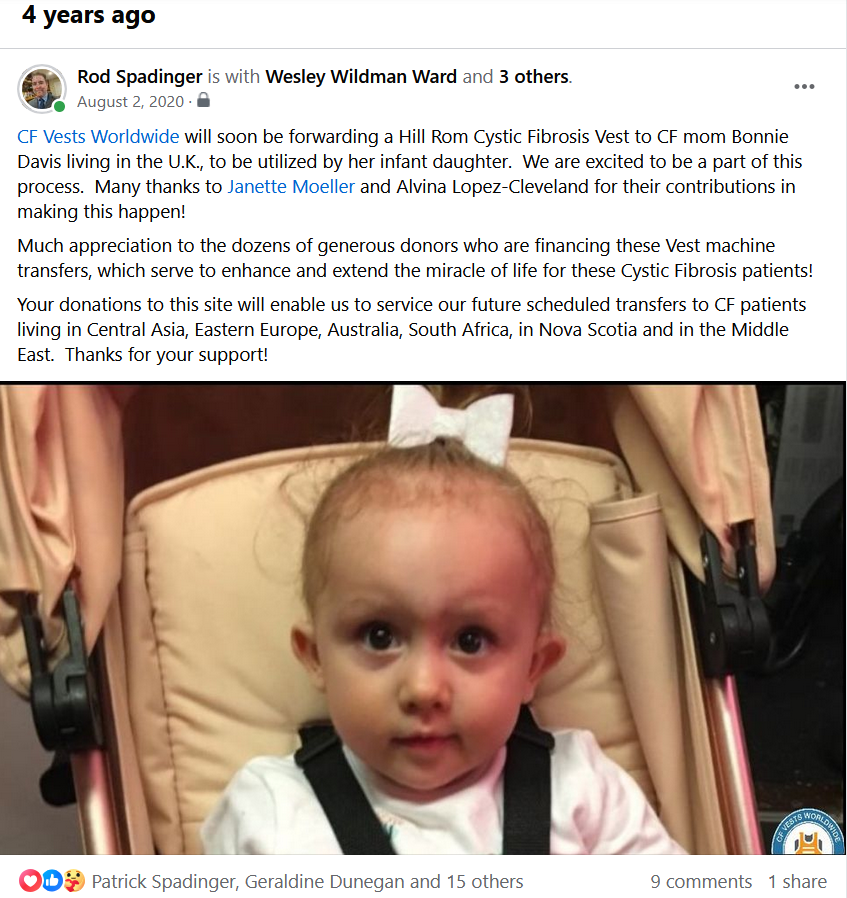 CF Vests Worldwide Facebook Memory – August 2, 2020 - Soon to be donating a Hill Rom Cystic Fibrosis Vest to a CF mom living in the U.K.