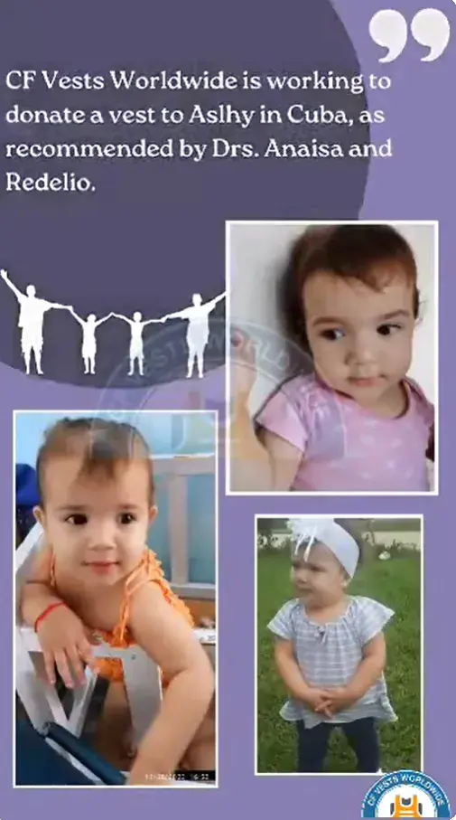 Recuerdo de Facebook – 13 de abril de 2024‎‎ CF Vests Worldwide está trabajando para donar un chaleco para fibrosis quística de Philips Respirtech a Ashly, paciente con fibrosis quística en #Cuba.‎