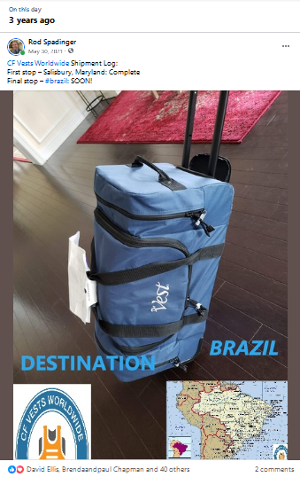 Hill Rom Cystic Fibrosis vest bag, Brazil map, CF Vests Worldwide logo