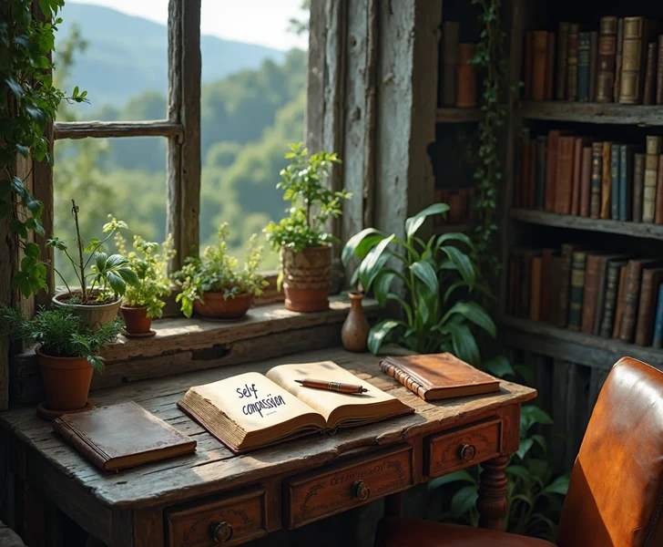 ספר שעליו כתוב חמלה עצמית מונח על שולחן עץ ליד חלון רמז לכך שניהול כעסים מתחיל בפיתוח חמלה עצמית