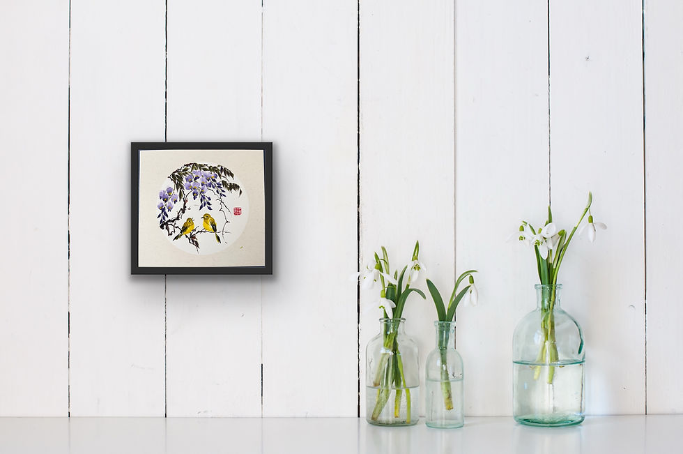 Thumbnail: Sweet Gathering- Wisteria & birds Chinese brush painting