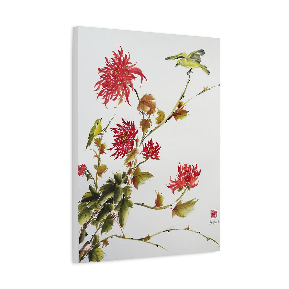 Thumbnail: Matte Canvas, Stretched, 1.25"- Chrysanthemum and Birds