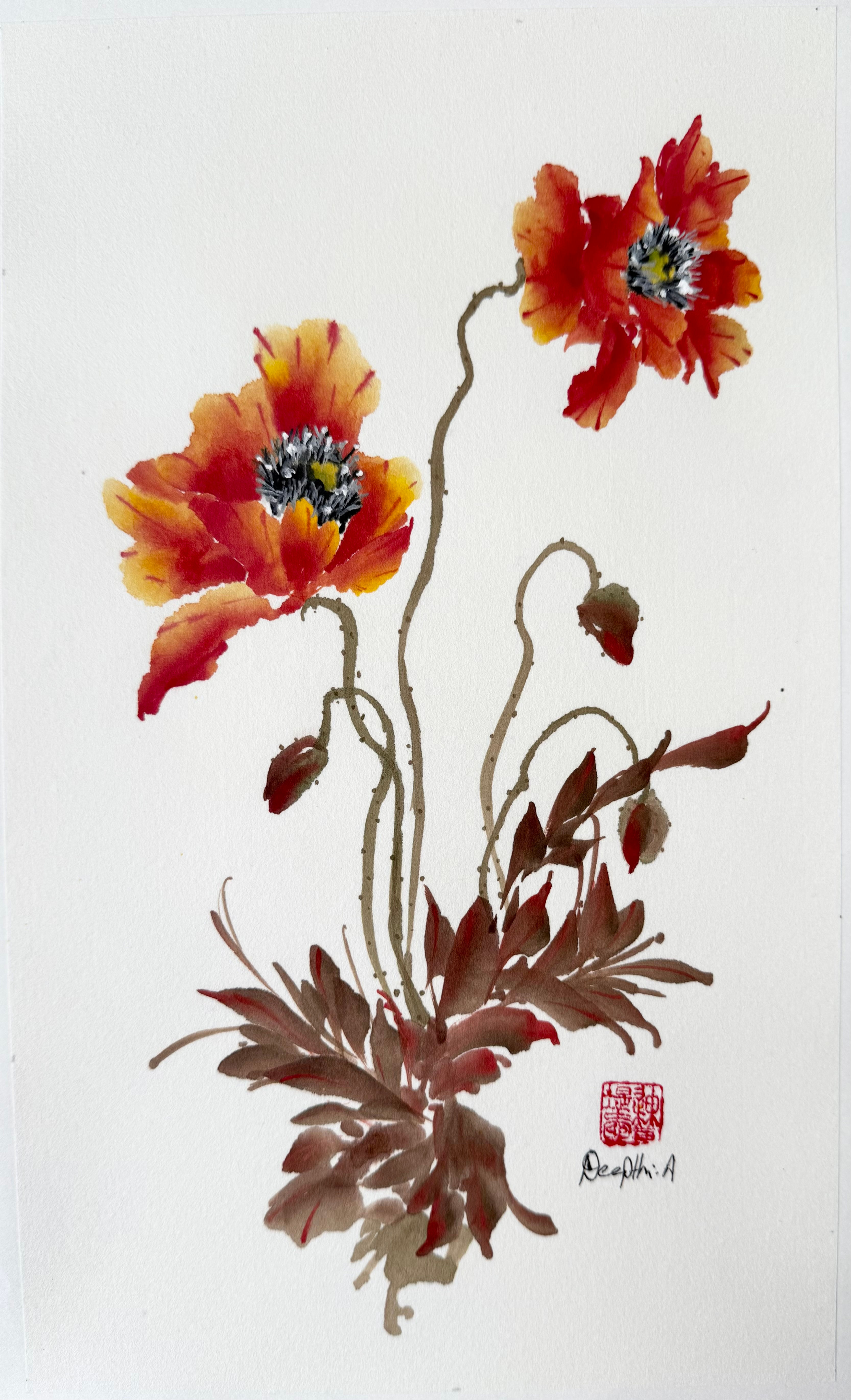 Autumn Breath- Orange Poppies Chinese brush painting