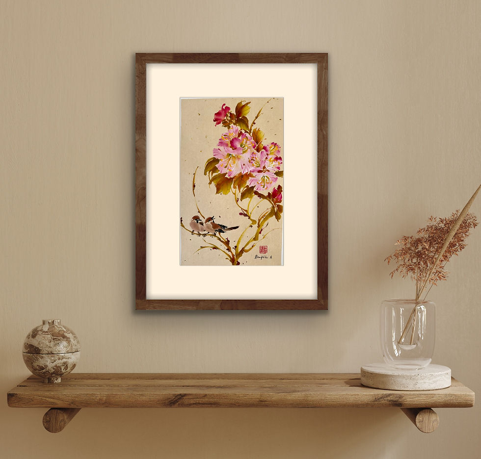 Thumbnail: Spring Poise- Azalea & Birds Chinese brush painting