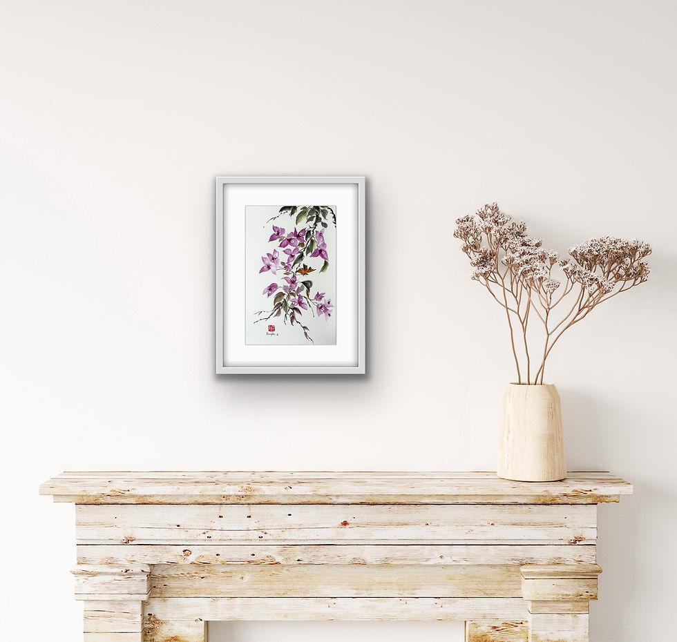 Thumbnail: Soft Blossoms- Bougainvillea & Butterfly Chinese brush painting