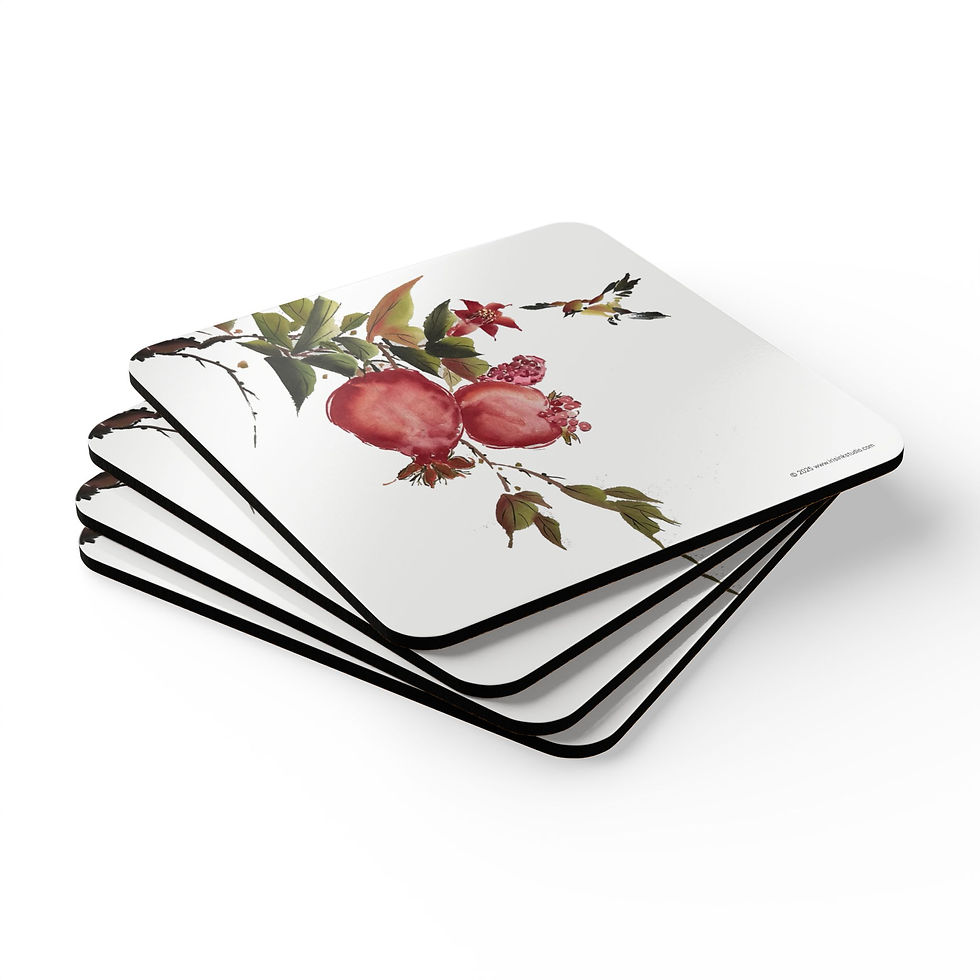 Thumbnail: Pomegranates and Bird-Corkwood Coaster Set