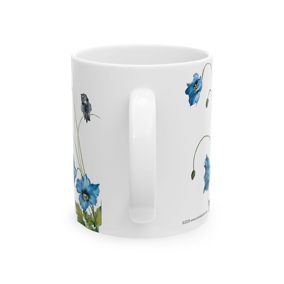Thumbnail: Blue poppies & bird- Fine Art Ceramic Mug, (11oz, 15oz)