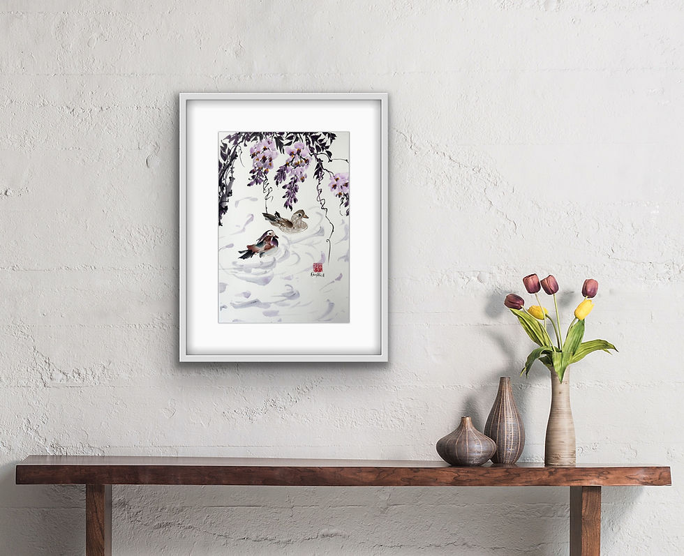 Thumbnail: A Spring Haven- Wisteria & Mandarin Ducks Chinese brush painting