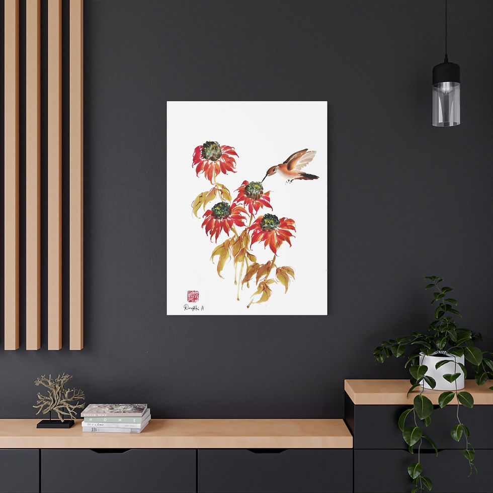 Thumbnail: Matte Canvas, Stretched, 1.25"- Cone Flowers and Bird