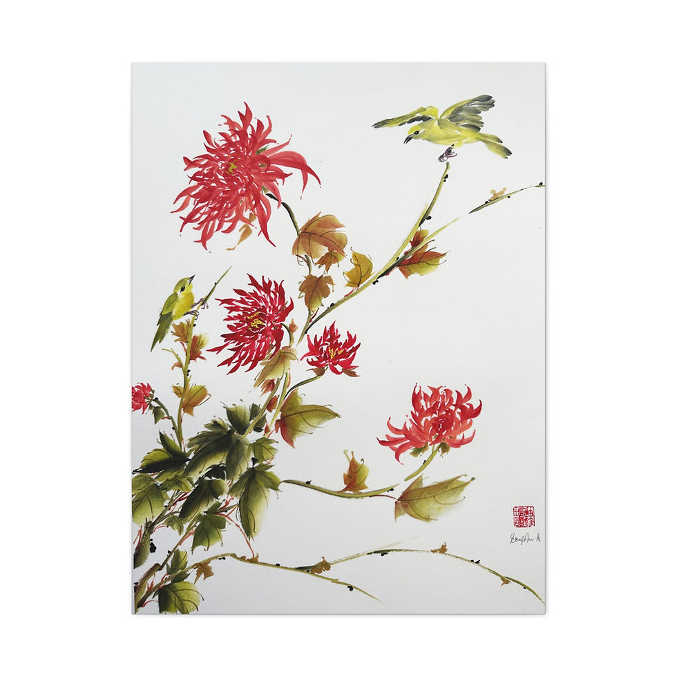 Thumbnail: Matte Canvas, Stretched, 1.25"- Chrysanthemum and Birds