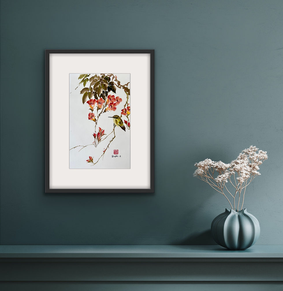 Thumbnail: Silent Moment- Trumpet Vine & Humming bird Chinese brush painting