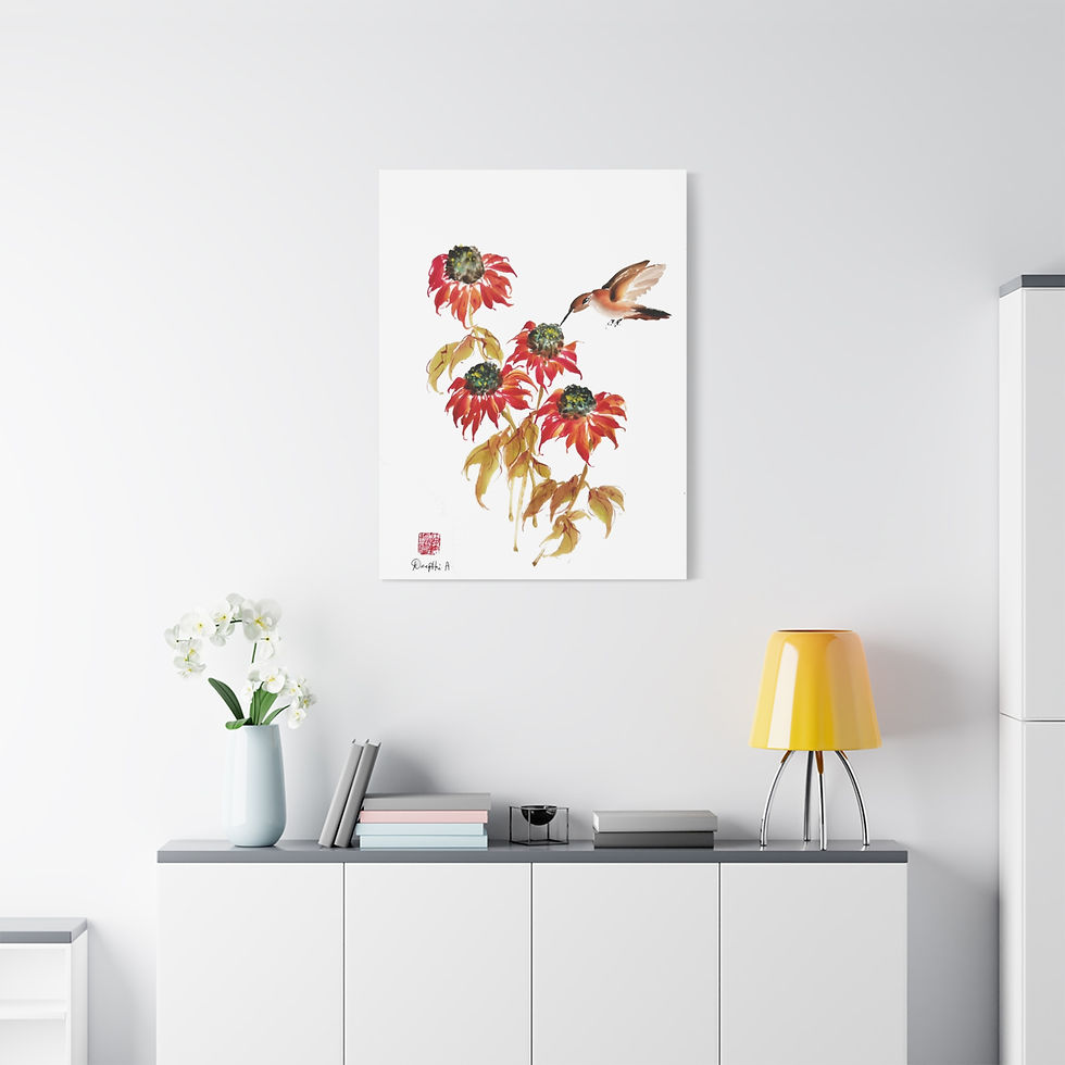 Thumbnail: Matte Canvas, Stretched, 1.25"- Cone Flowers and Bird