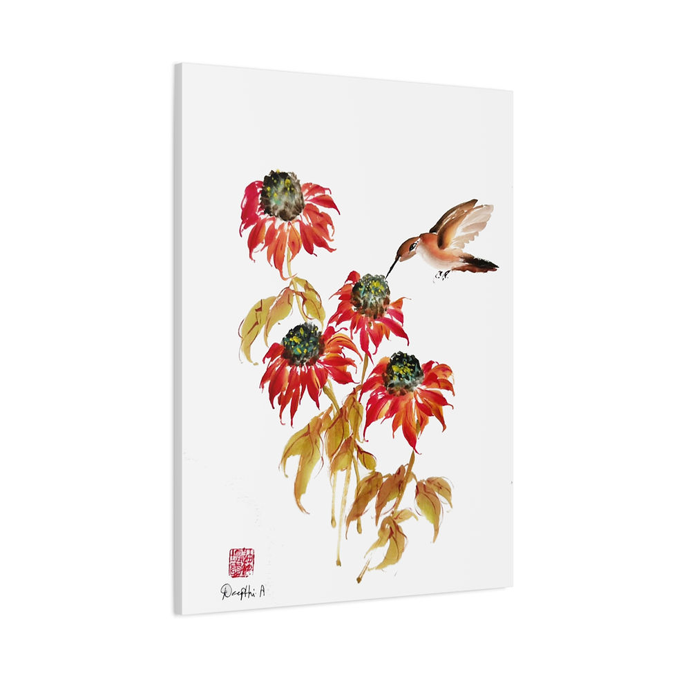 Thumbnail: Matte Canvas, Stretched, 1.25"- Cone Flowers and Bird