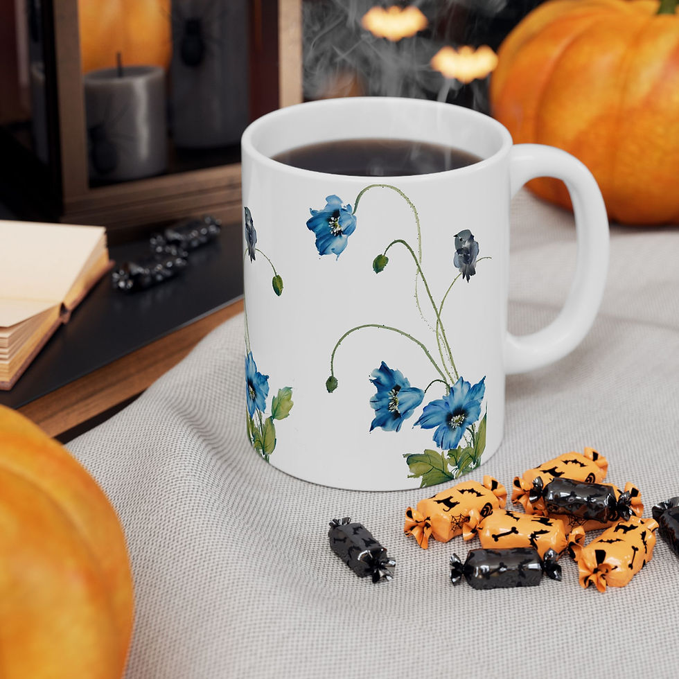 Thumbnail: Blue poppies & bird- Fine Art Ceramic Mug, (11oz, 15oz)
